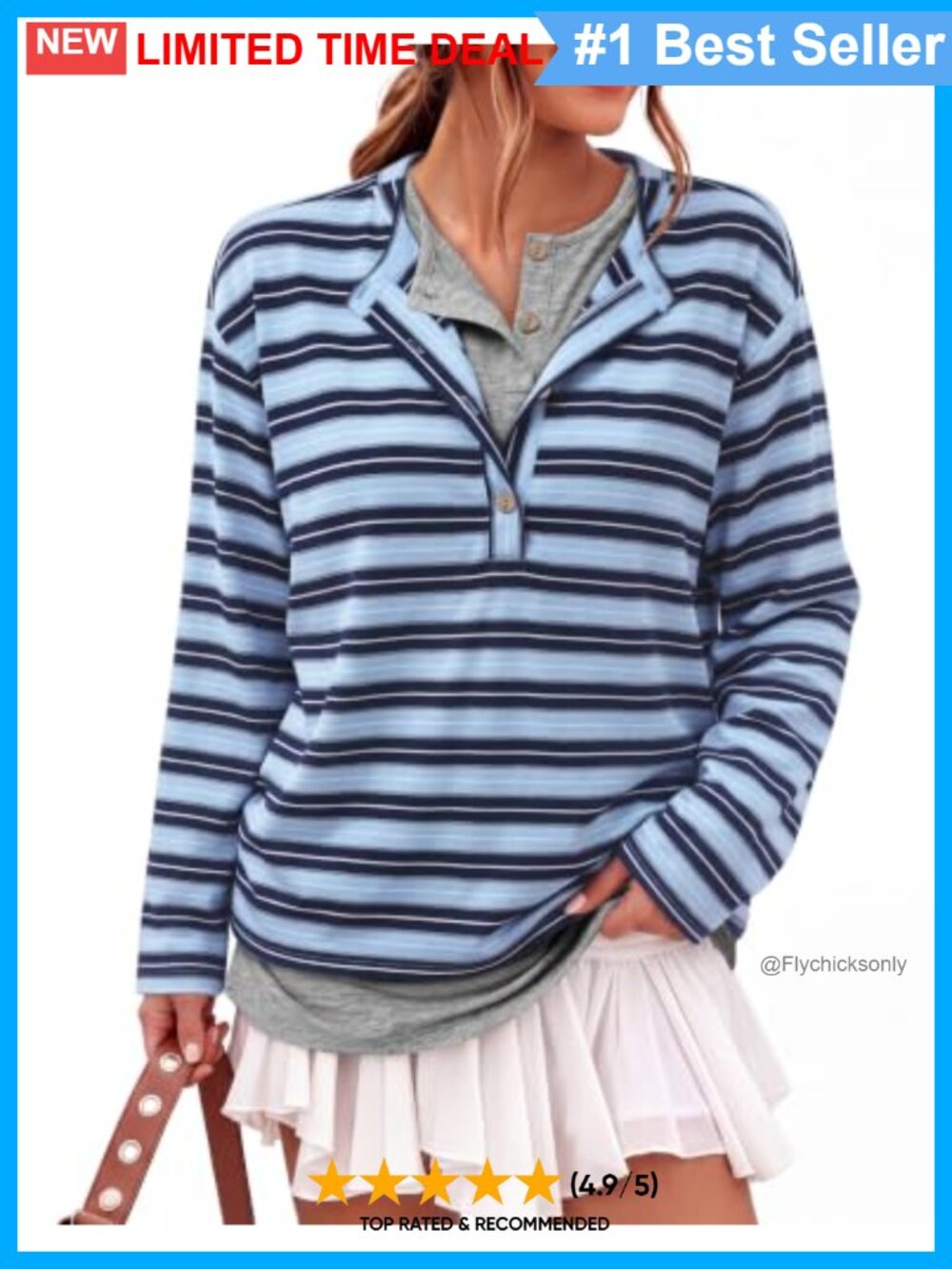 Womens Striped Henley Sweatshirt 2 in 1 Layered Long Sleeve Casual Top